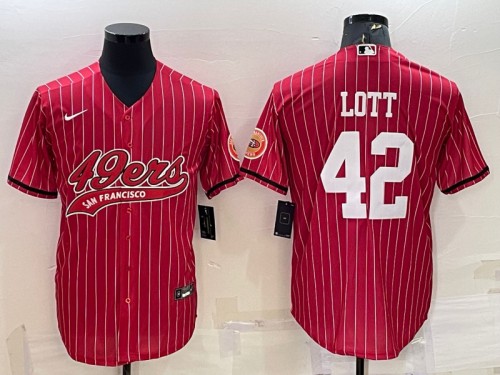 Men's San Francisco 49ers #42 Ronnie Lott Red With Patch Cool Base Stitched Baseball Jersey - Click Image to Close